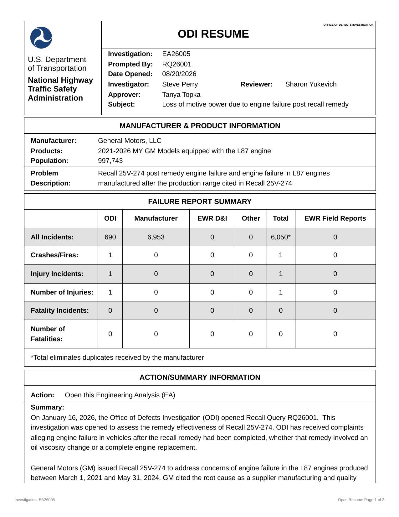 NHTSA ODI resume for Engineering Analysis EA26005 on GM 6.2L L87 engine failures